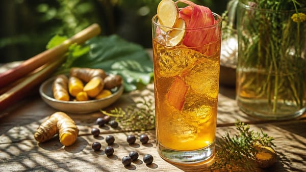 Erfrischender Sommerdrink: Alkoholfreier Gin Tonic mit Ingwer, Kurkuma und Rhabarberschorle