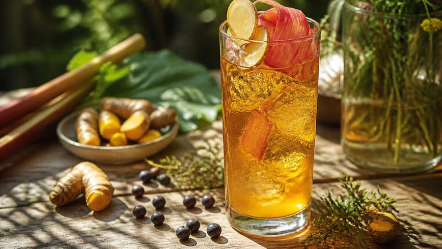 Erfrischender Sommerdrink: Alkoholfreier Gin Tonic mit Ingwer, Kurkuma und Rhabarberschorle