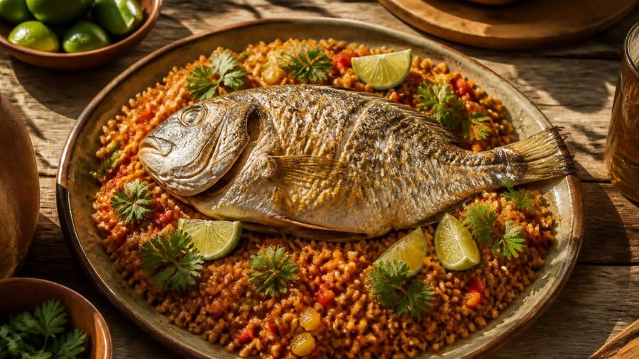 Gebackene Seebrasse mit rotem Paprika-Bulgur und Koriandersalsa: Auf den Tisch kommt heut’ ein Fisch!