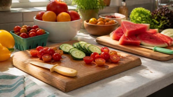 Gesunde Ernährung im Hort: Gurken, Tomaten und Wassermelonen wandern auf die Schneidebretter