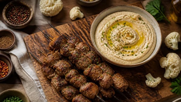 Cremiger Blumenkohl-Hummus trifft auf würzige Puten-Kafta: Dieses orientalisch inspirierte Gericht verbindet Protein …