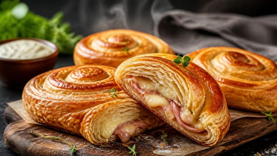 Pizzaschnecken mit Kochschinken und Mozzarella aus Blätterteig
