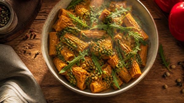 Rezept: Penne mit Paprikacreme und Rucola-Pesto