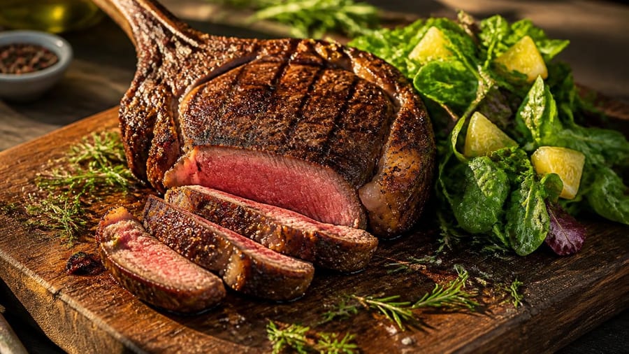Saftiges Tomahawk-Steak mit frischem Insalata di limone