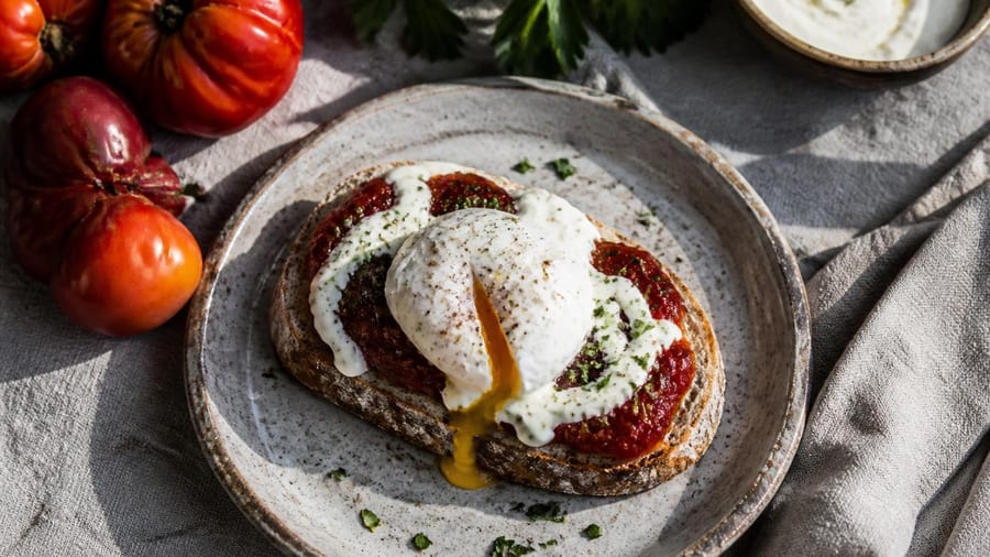 Sandwich mit Tomatenmarmelade, pochiertem Ei und Knoblauchcreme : Resteverwertung Royale